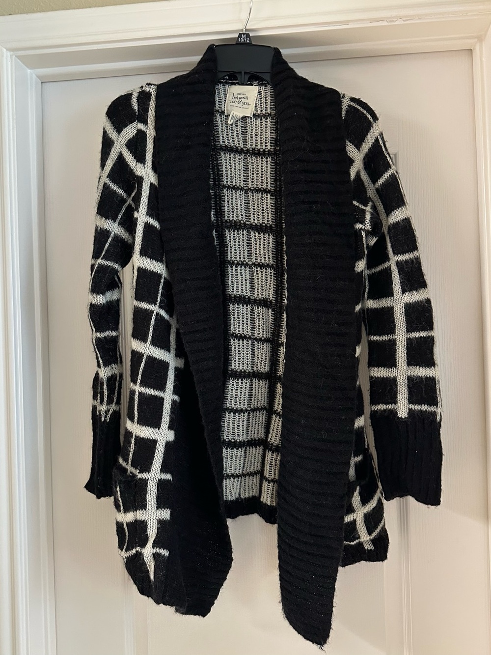 Windowpane Open-Front Cardigan Sweater in Black & White